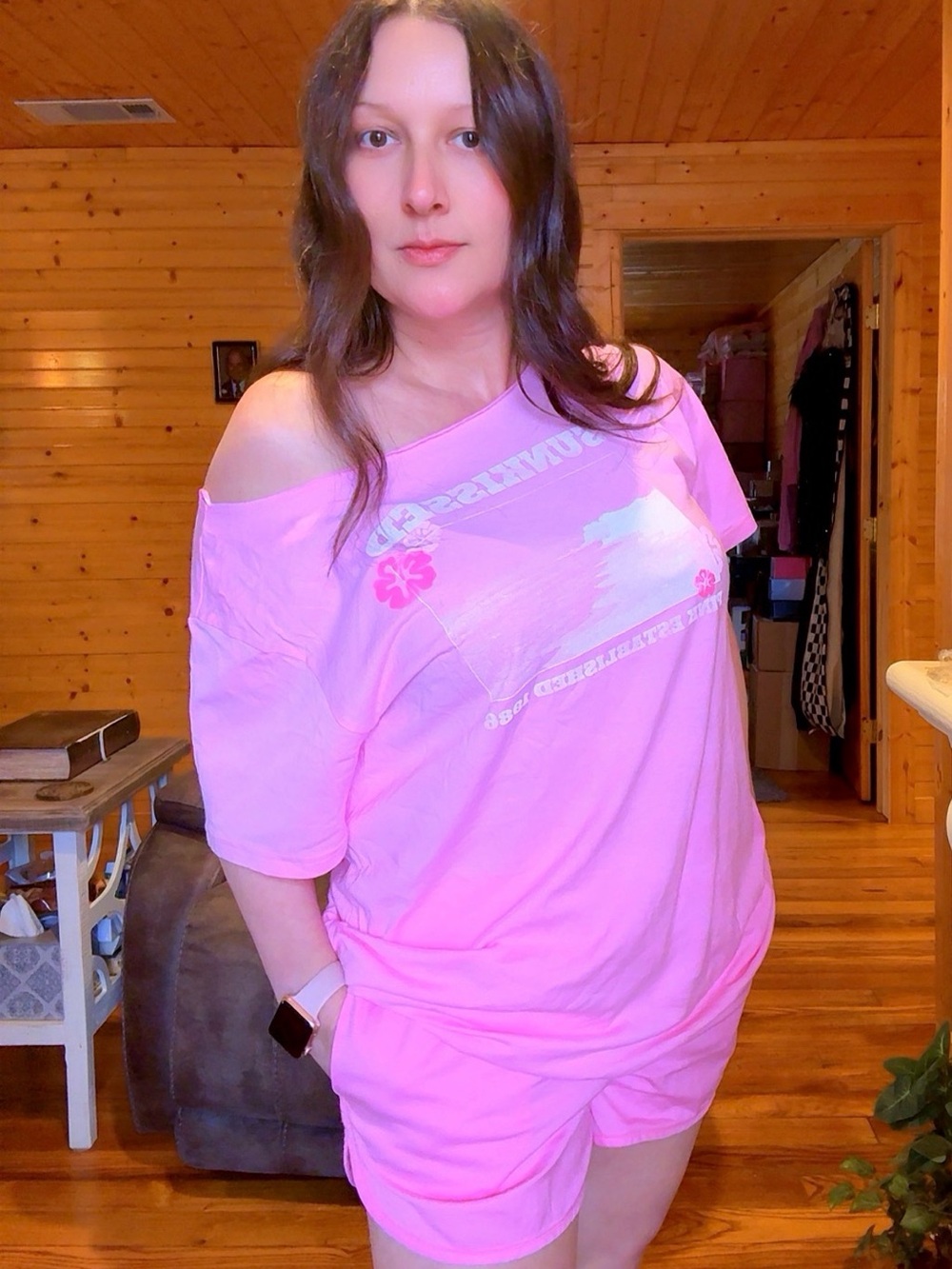 Pink Graphic Off-Shoulder Tee and Short Set